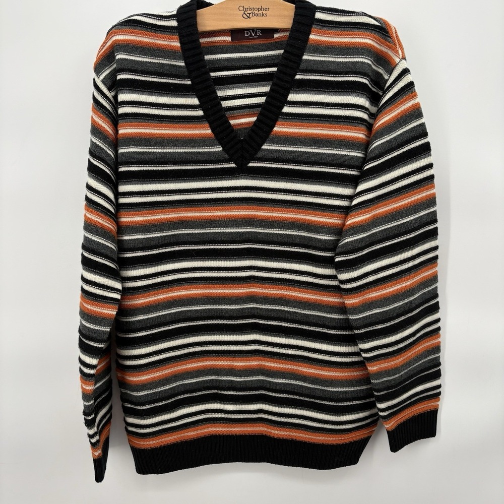 DVR Knit‎ Mens Textured Striped Sweater Black Orange White Mens Size 40 Large